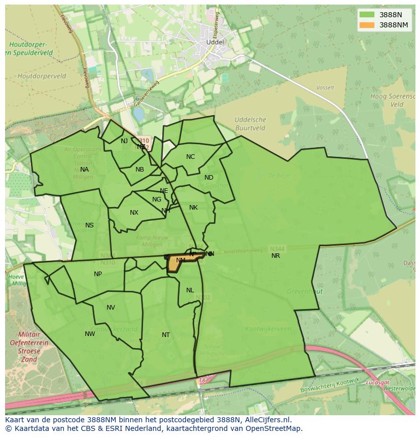 Afbeelding van het postcodegebied 3888 NM op de kaart.