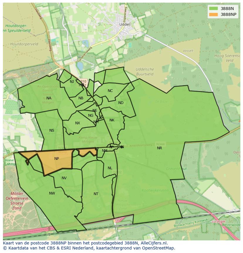 Afbeelding van het postcodegebied 3888 NP op de kaart.