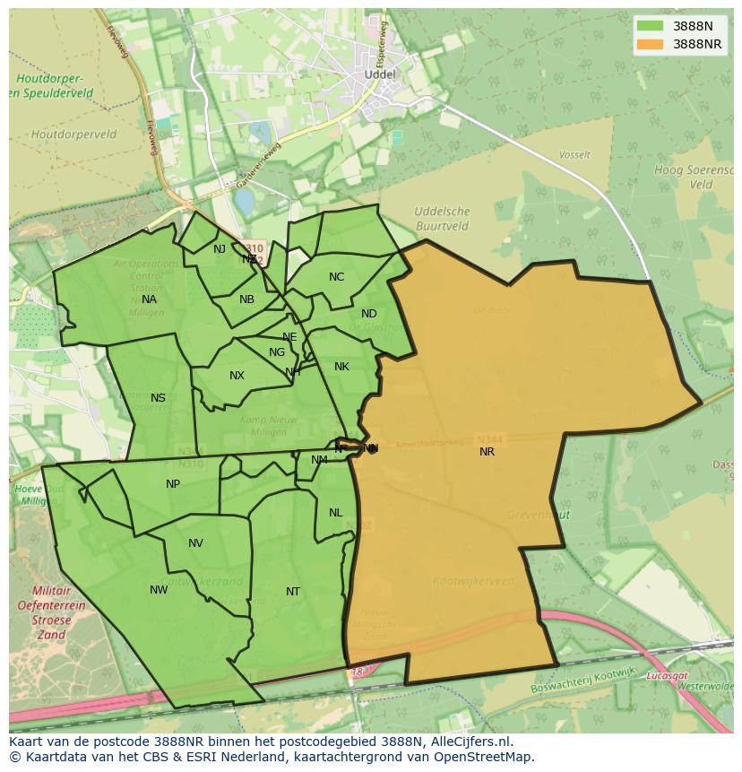Afbeelding van het postcodegebied 3888 NR op de kaart.