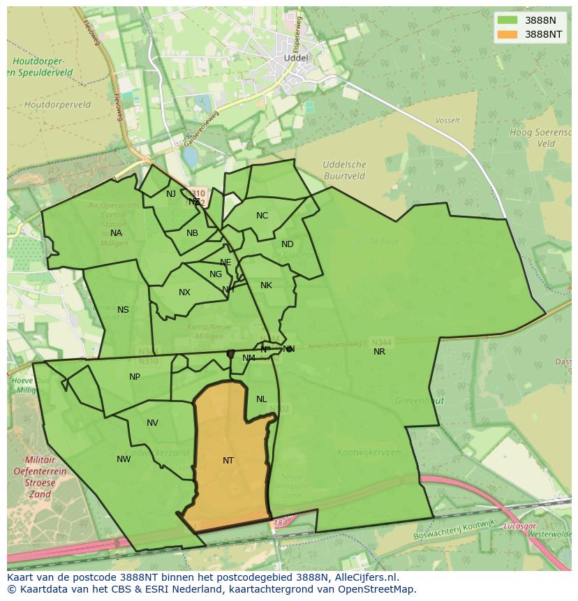 Afbeelding van het postcodegebied 3888 NT op de kaart.
