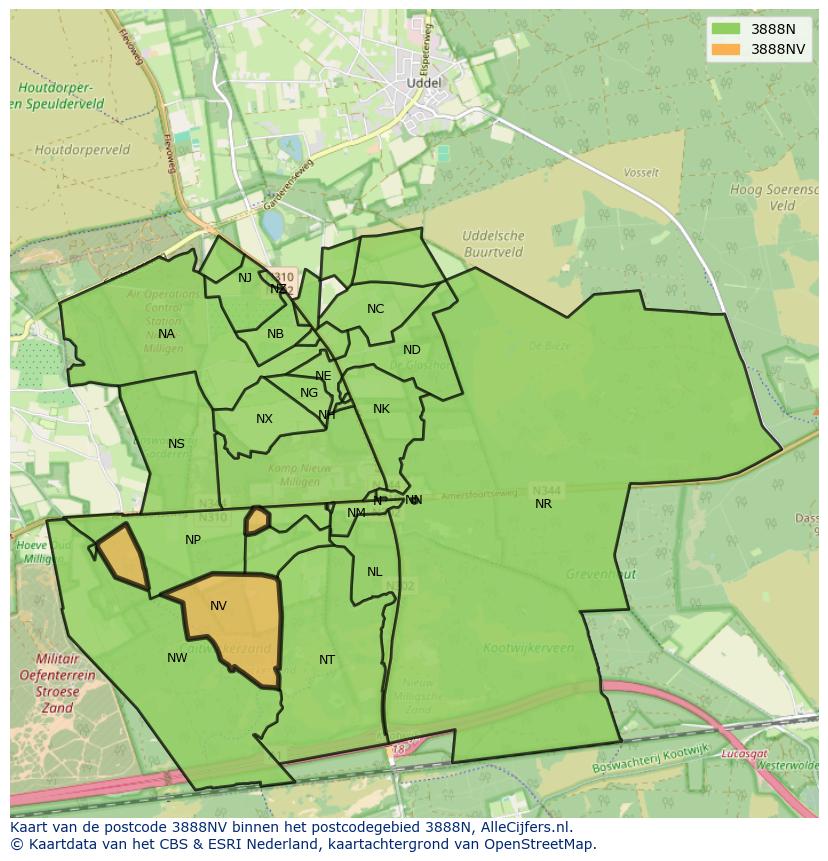 Afbeelding van het postcodegebied 3888 NV op de kaart.