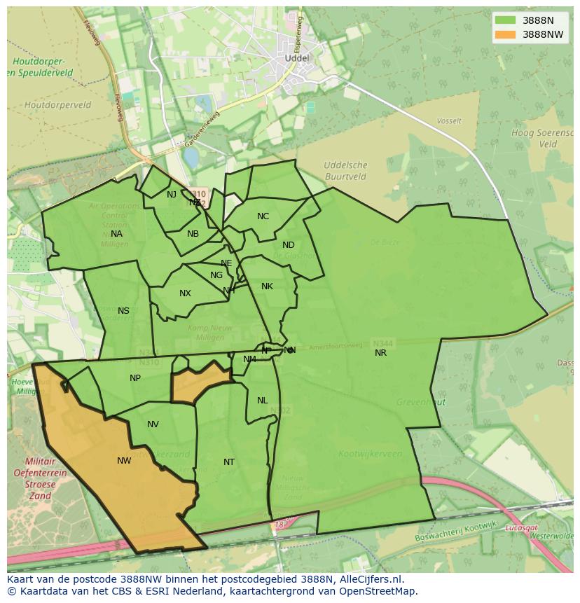Afbeelding van het postcodegebied 3888 NW op de kaart.