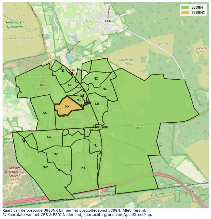 Afbeelding van het postcodegebied 3888 NX op de kaart.