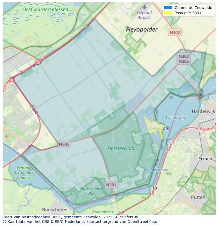Afbeelding van het postcodegebied 3891 op de kaart.
