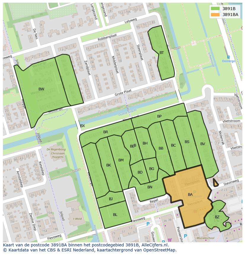 Afbeelding van het postcodegebied 3891 BA op de kaart.