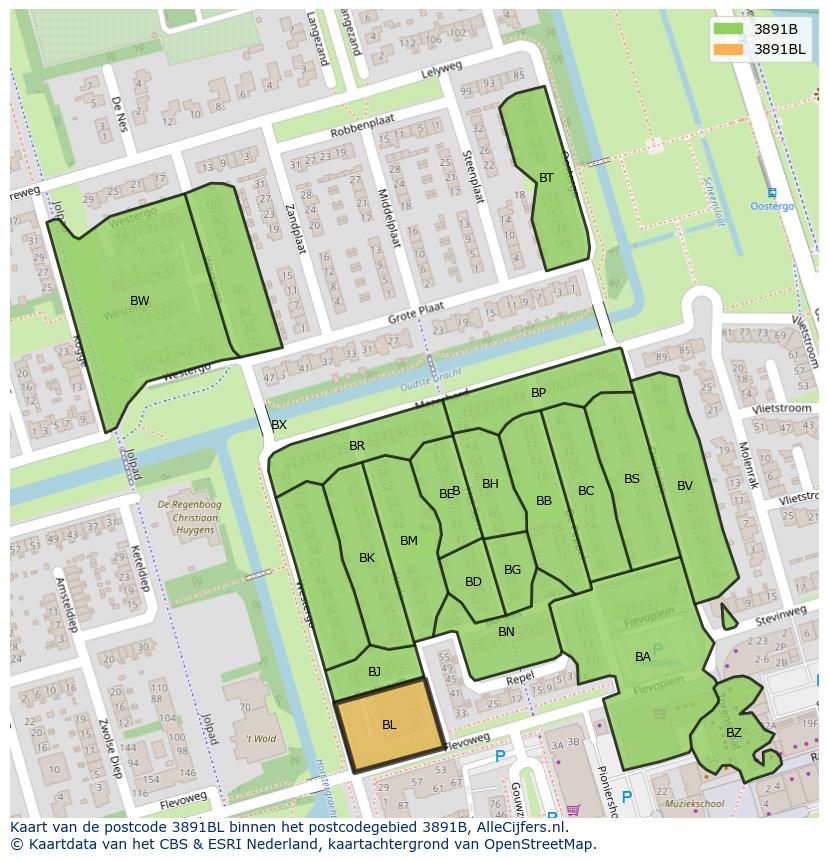 Afbeelding van het postcodegebied 3891 BL op de kaart.