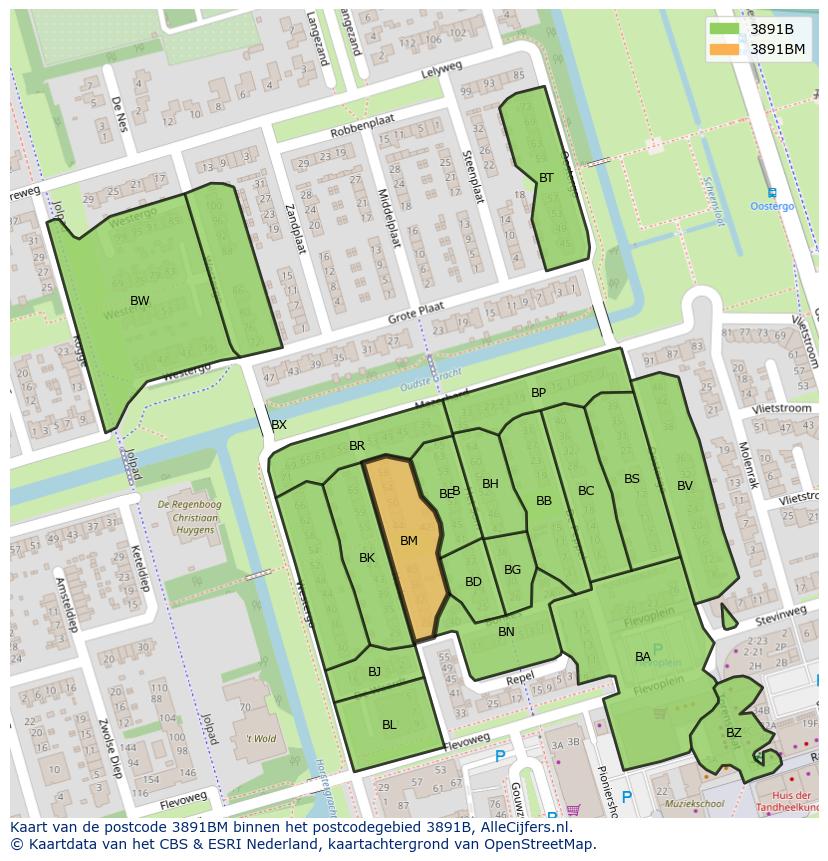 Afbeelding van het postcodegebied 3891 BM op de kaart.