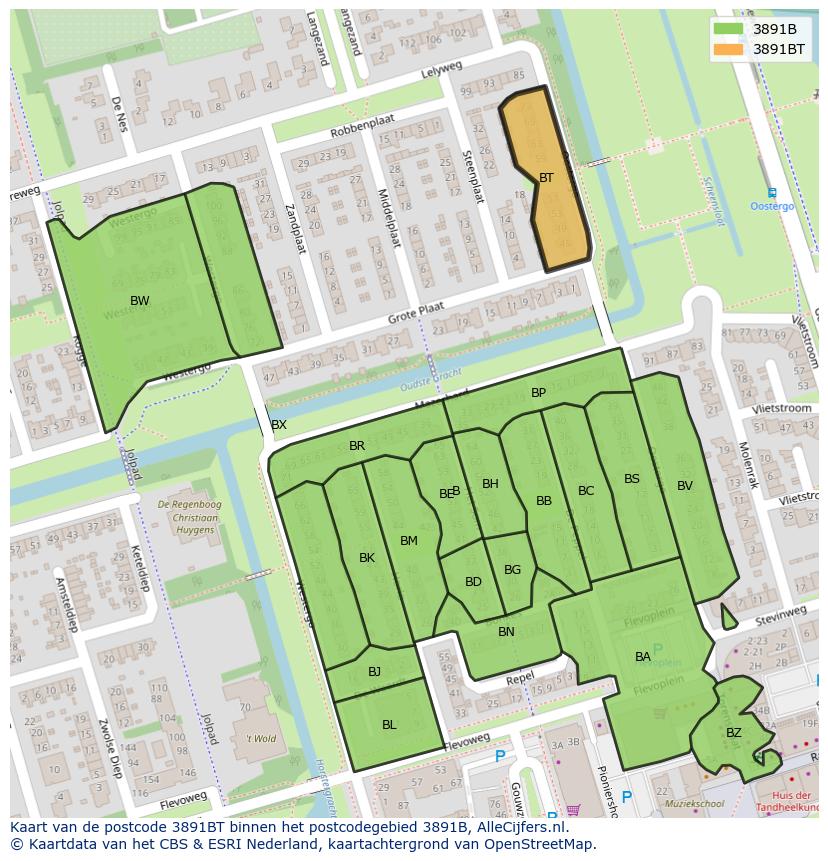 Afbeelding van het postcodegebied 3891 BT op de kaart.