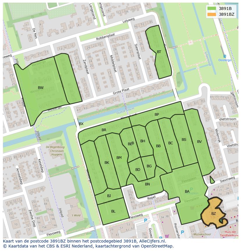Afbeelding van het postcodegebied 3891 BZ op de kaart.