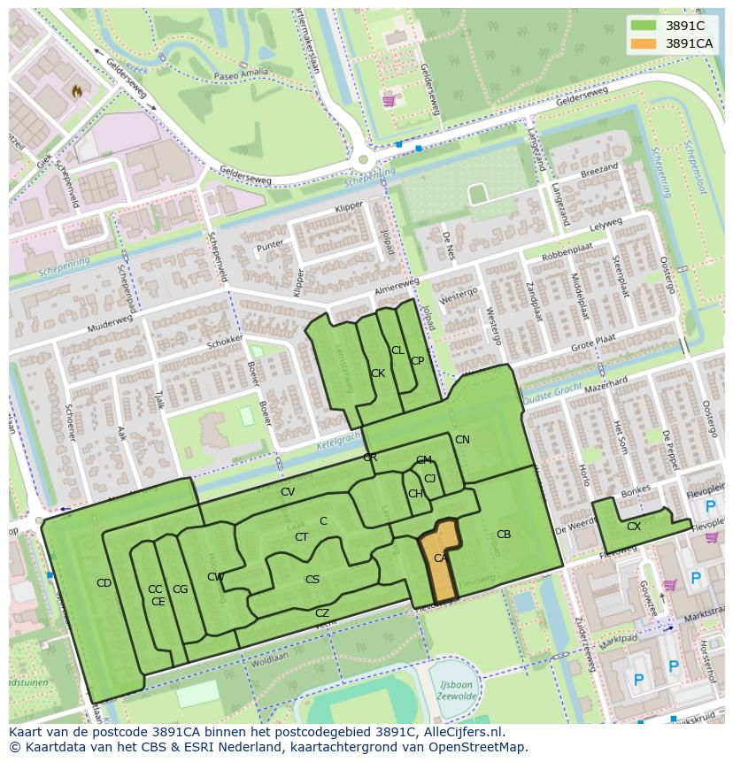 Afbeelding van het postcodegebied 3891 CA op de kaart.