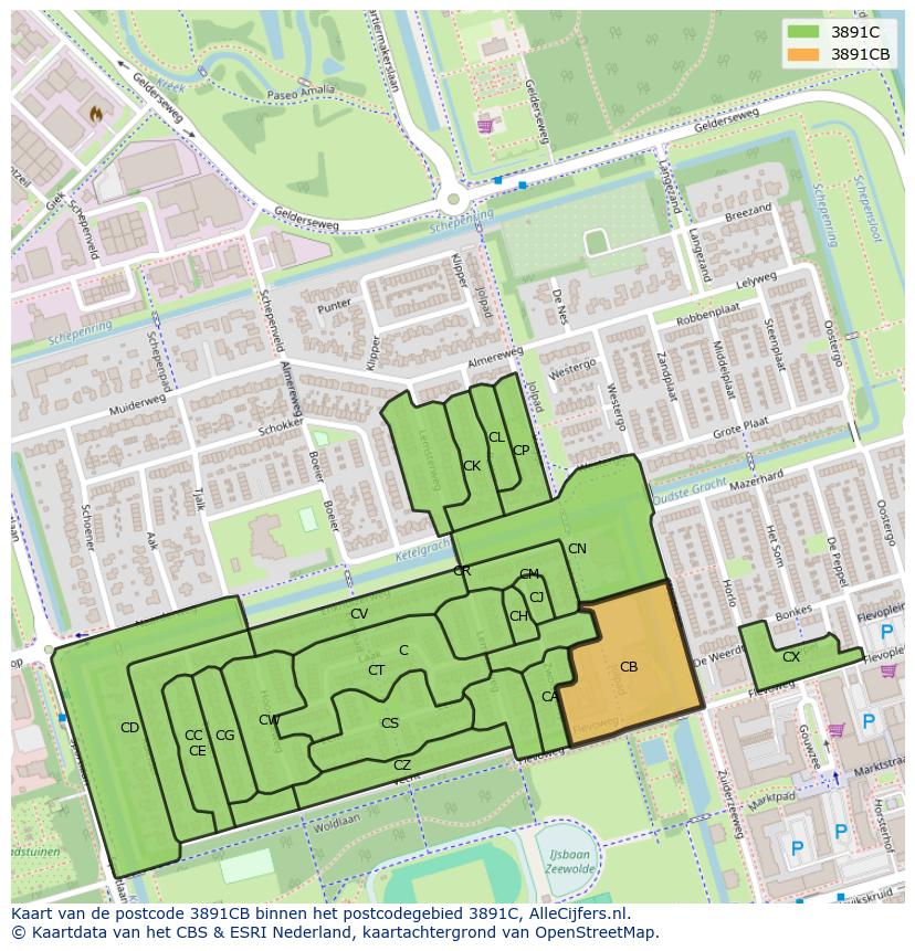 Afbeelding van het postcodegebied 3891 CB op de kaart.