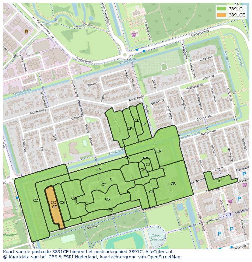 Afbeelding van het postcodegebied 3891 CE op de kaart.
