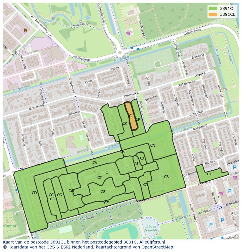 Afbeelding van het postcodegebied 3891 CL op de kaart.