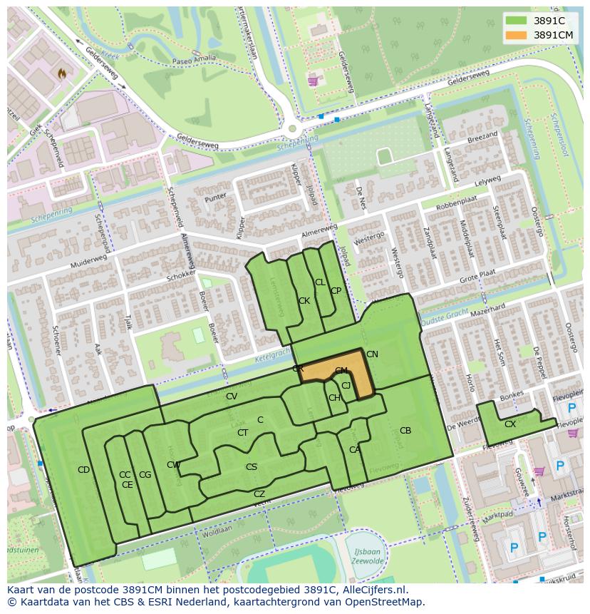 Afbeelding van het postcodegebied 3891 CM op de kaart.