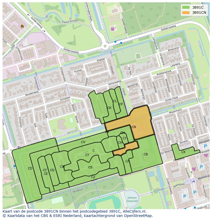 Afbeelding van het postcodegebied 3891 CN op de kaart.