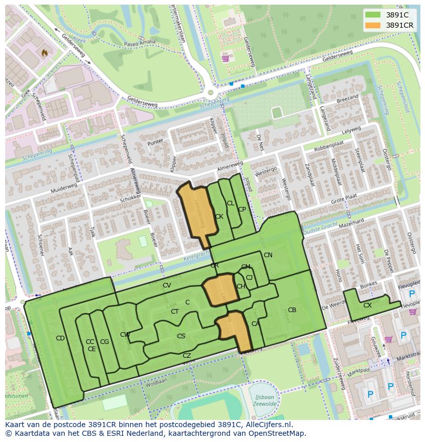 Afbeelding van het postcodegebied 3891 CR op de kaart.