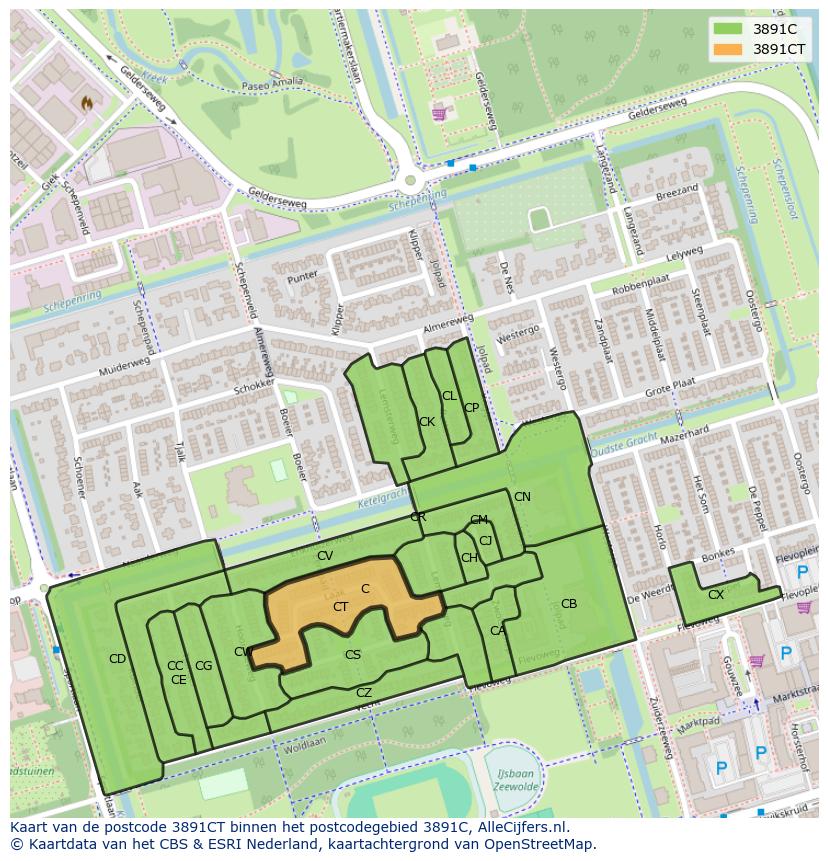 Afbeelding van het postcodegebied 3891 CT op de kaart.