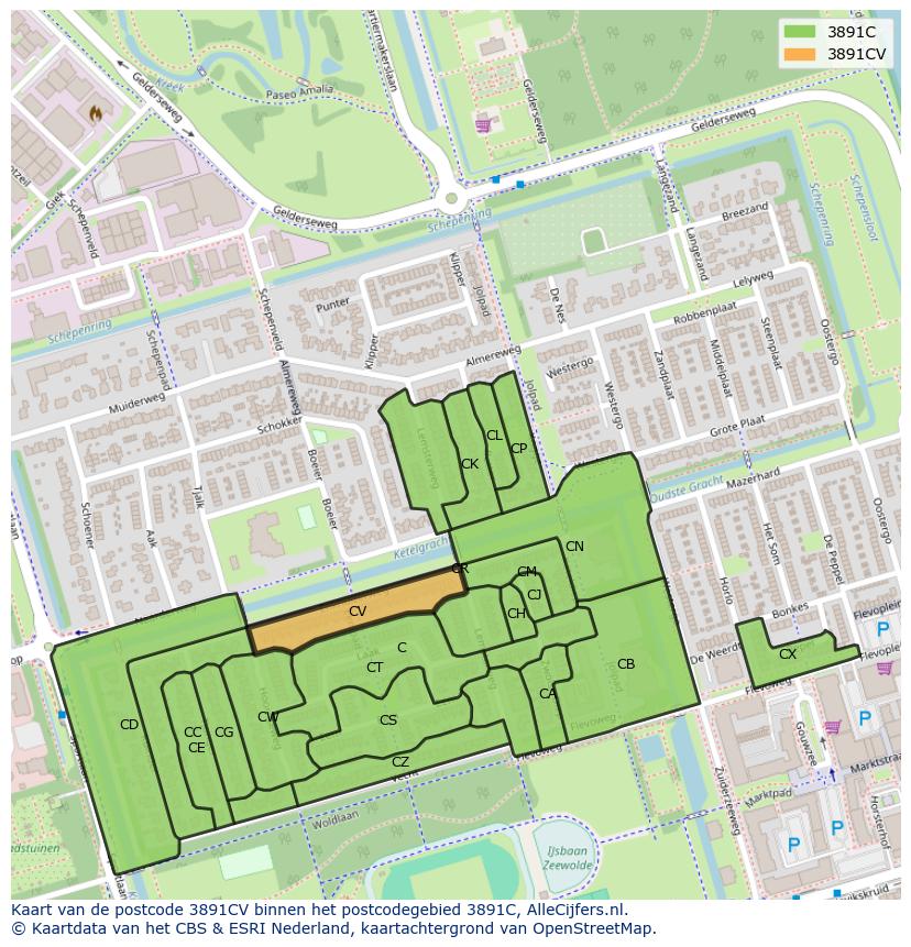 Afbeelding van het postcodegebied 3891 CV op de kaart.