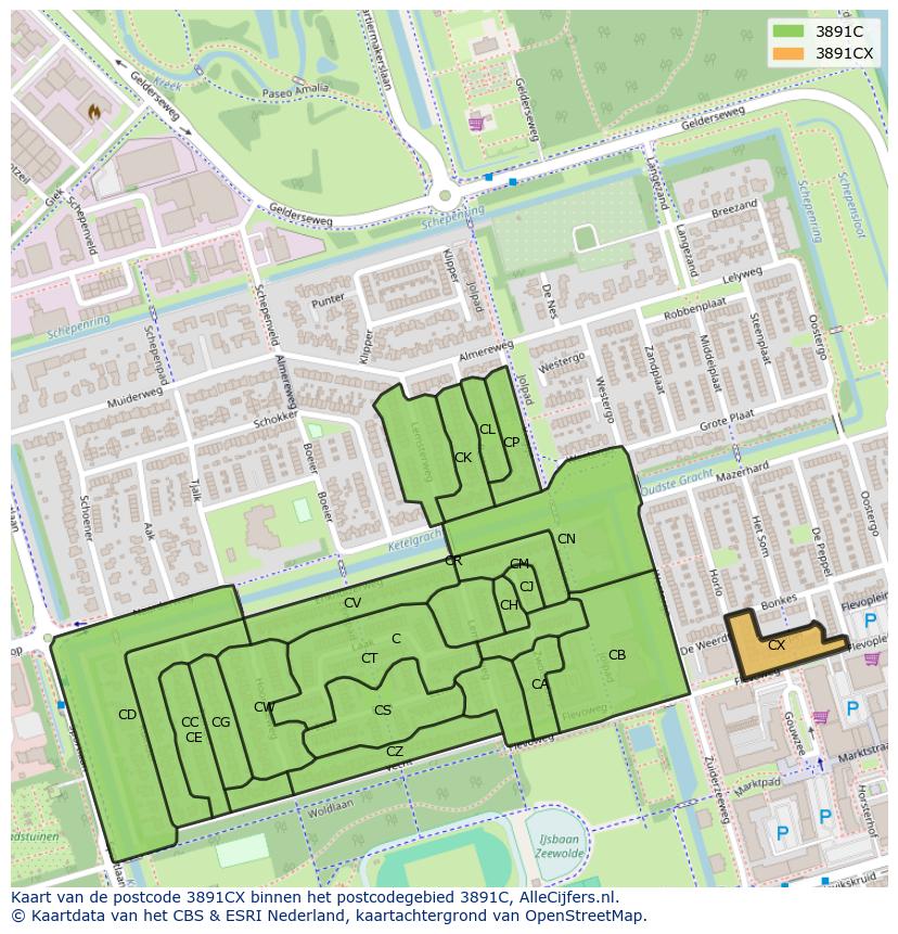 Afbeelding van het postcodegebied 3891 CX op de kaart.