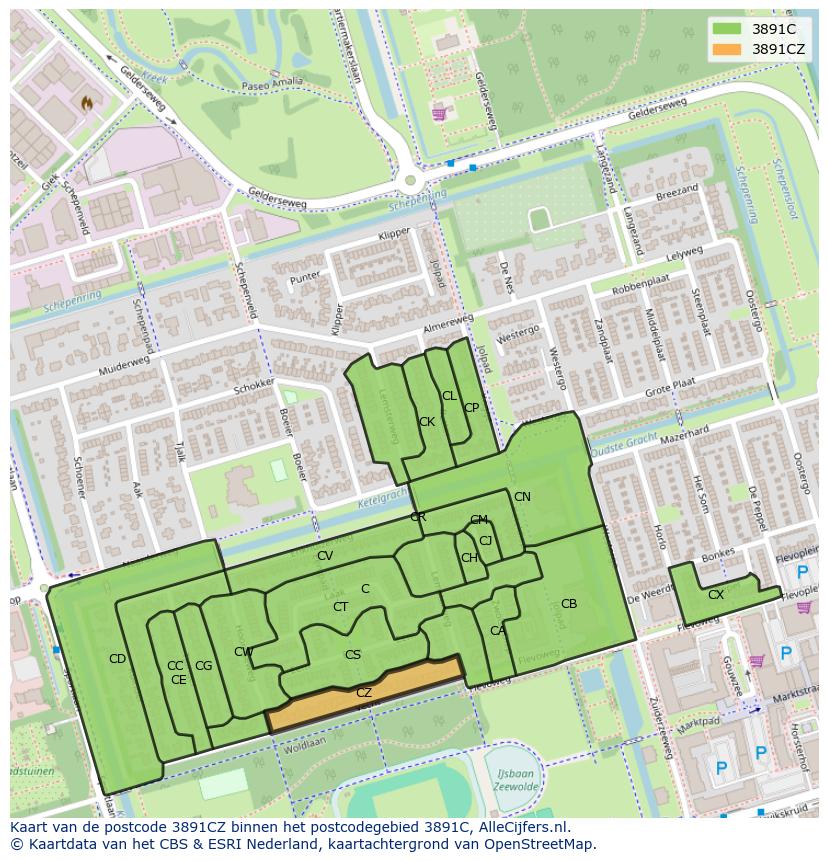Afbeelding van het postcodegebied 3891 CZ op de kaart.