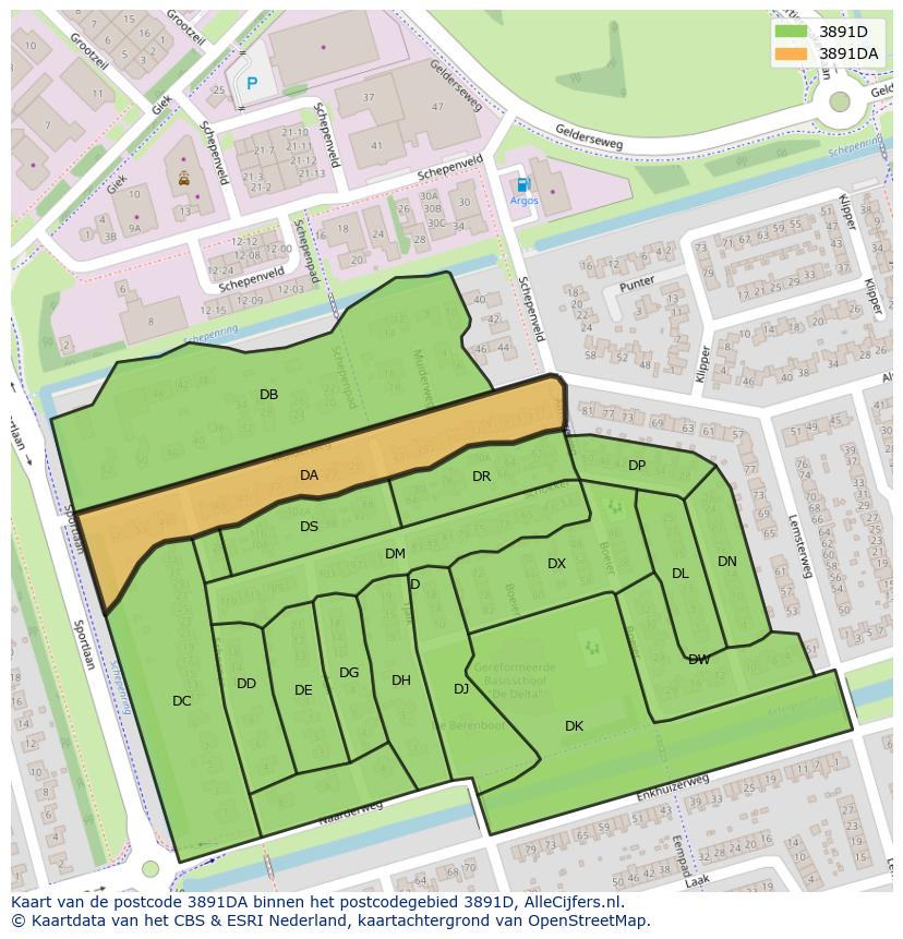 Afbeelding van het postcodegebied 3891 DA op de kaart.