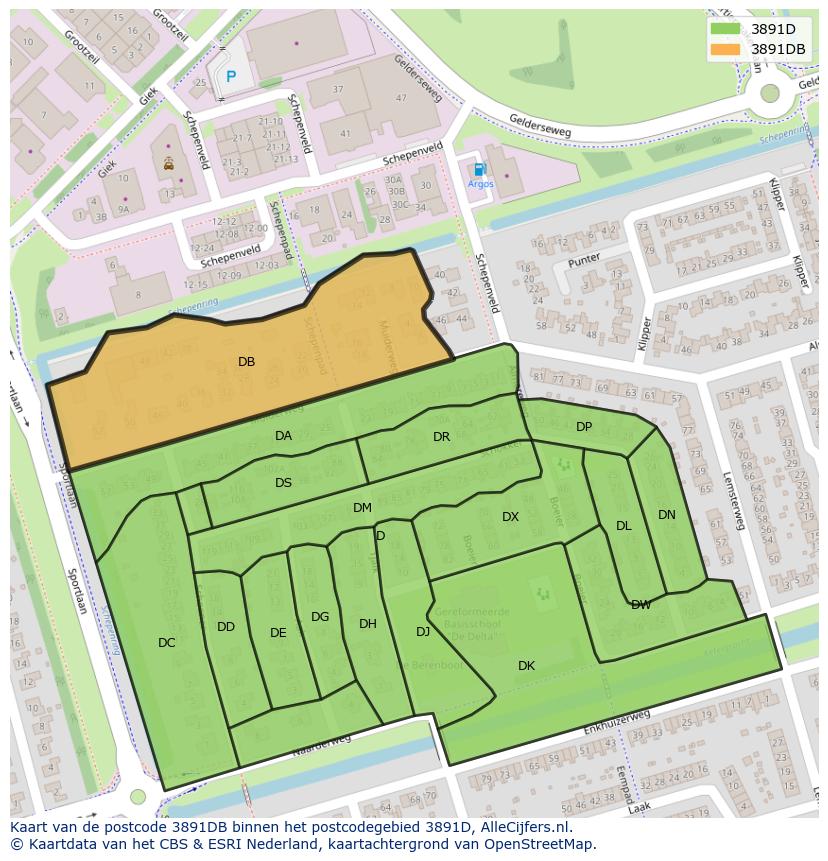 Afbeelding van het postcodegebied 3891 DB op de kaart.