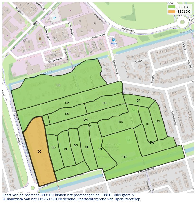 Afbeelding van het postcodegebied 3891 DC op de kaart.