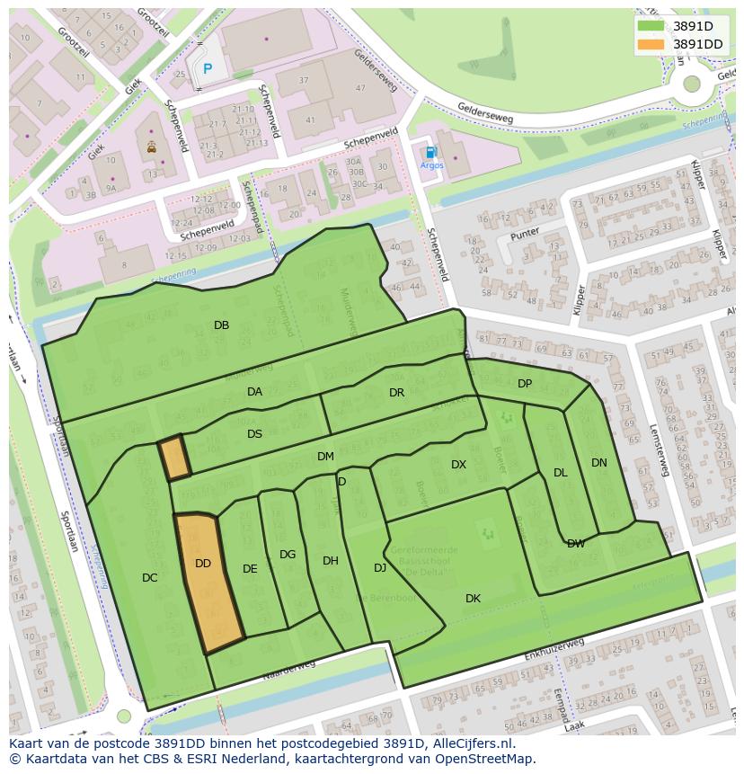 Afbeelding van het postcodegebied 3891 DD op de kaart.