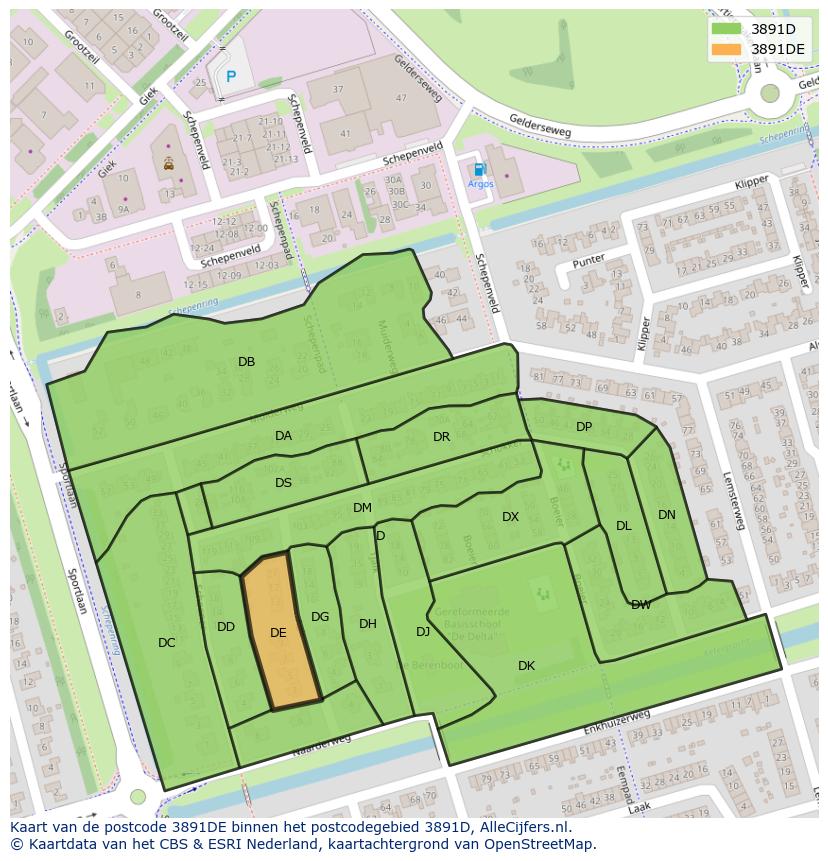 Afbeelding van het postcodegebied 3891 DE op de kaart.