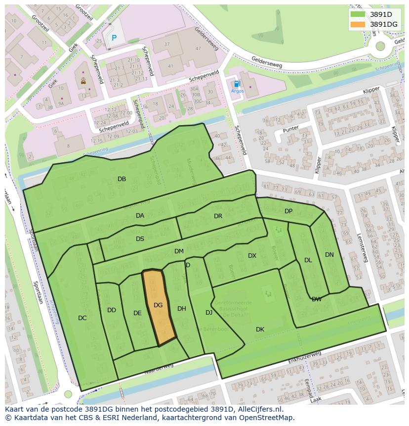 Afbeelding van het postcodegebied 3891 DG op de kaart.