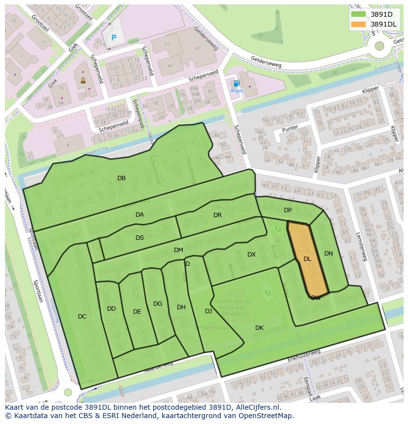 Afbeelding van het postcodegebied 3891 DL op de kaart.