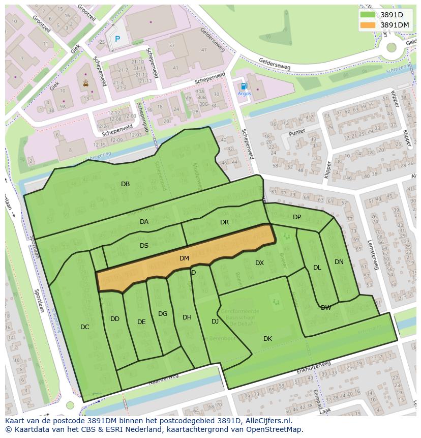 Afbeelding van het postcodegebied 3891 DM op de kaart.