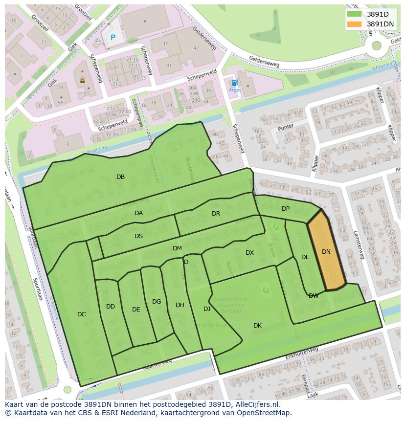 Afbeelding van het postcodegebied 3891 DN op de kaart.