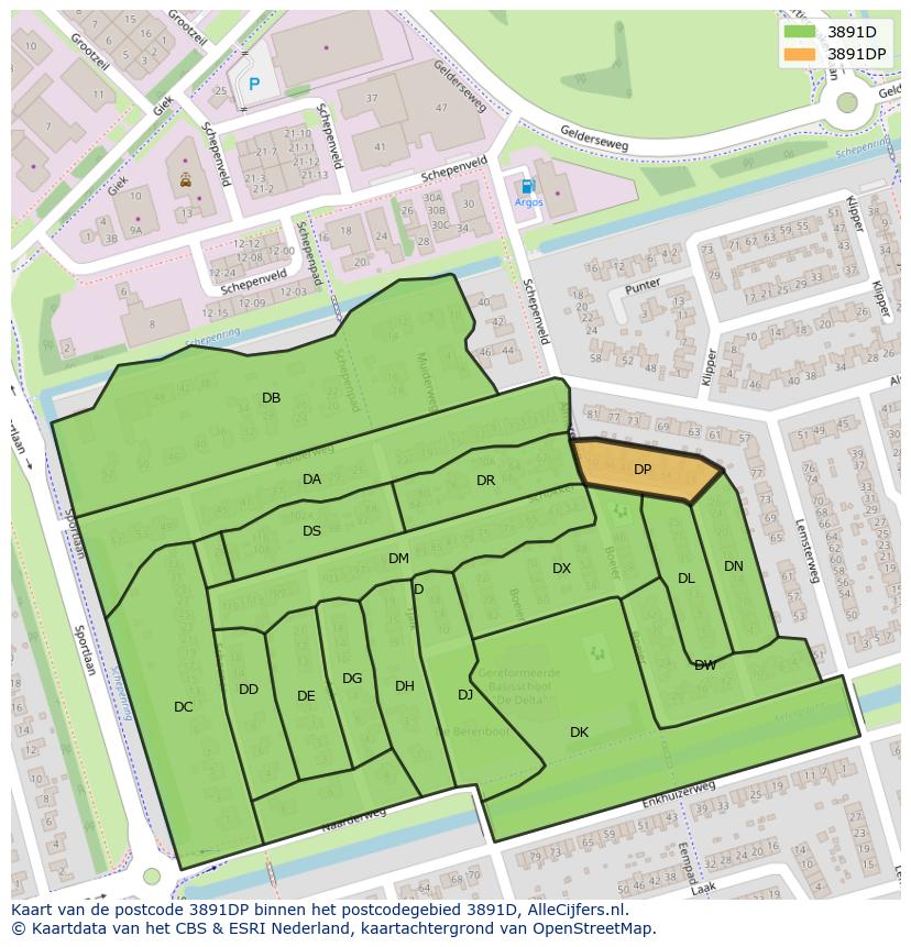 Afbeelding van het postcodegebied 3891 DP op de kaart.