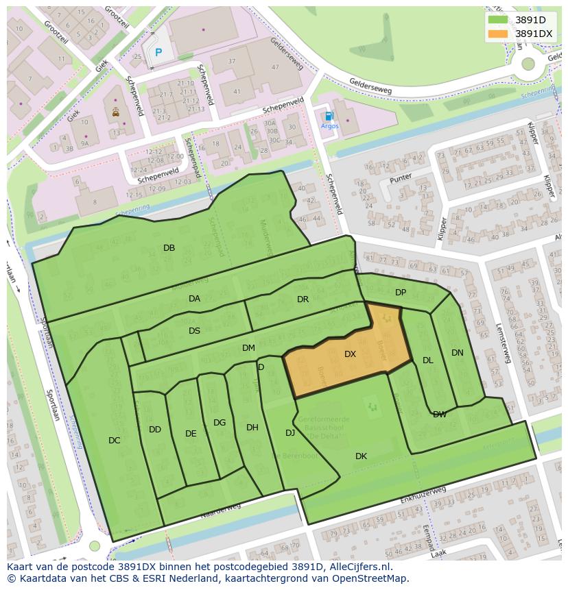 Afbeelding van het postcodegebied 3891 DX op de kaart.