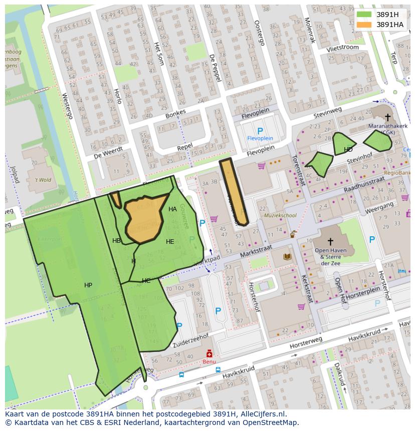 Afbeelding van het postcodegebied 3891 HA op de kaart.
