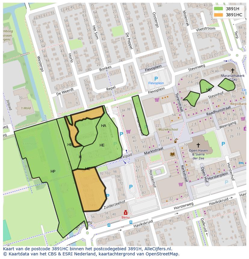 Afbeelding van het postcodegebied 3891 HC op de kaart.