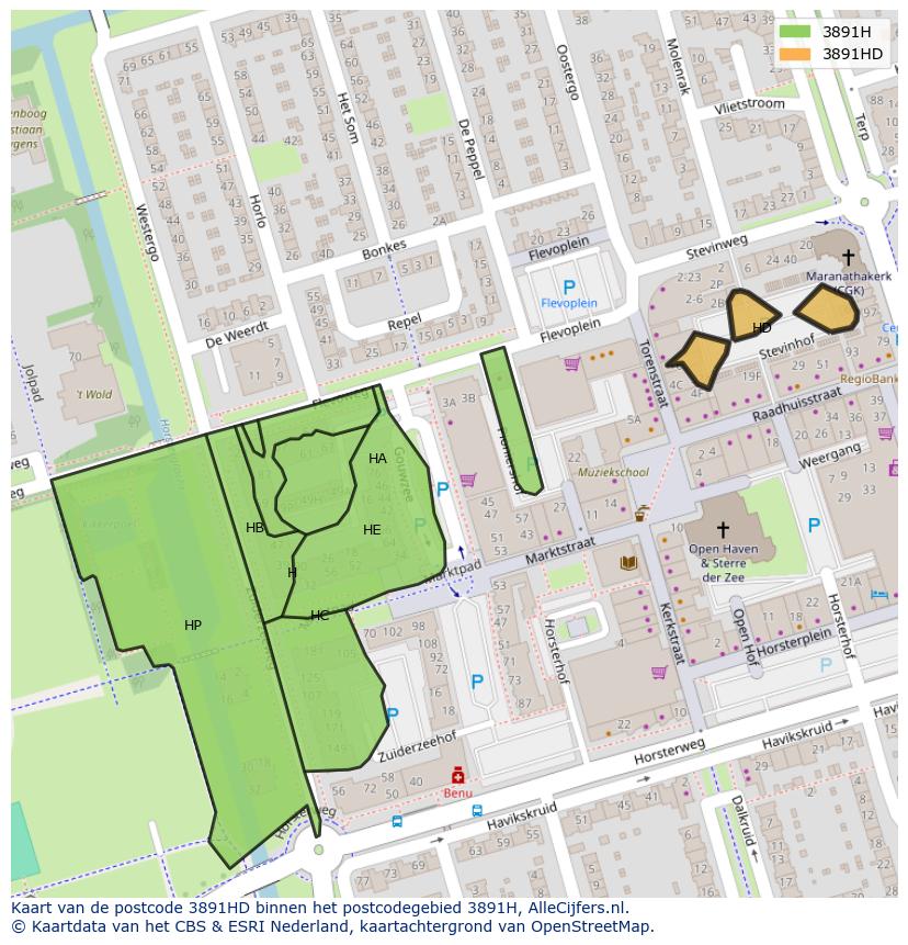 Afbeelding van het postcodegebied 3891 HD op de kaart.
