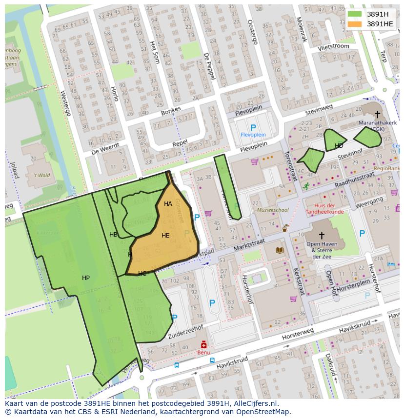 Afbeelding van het postcodegebied 3891 HE op de kaart.