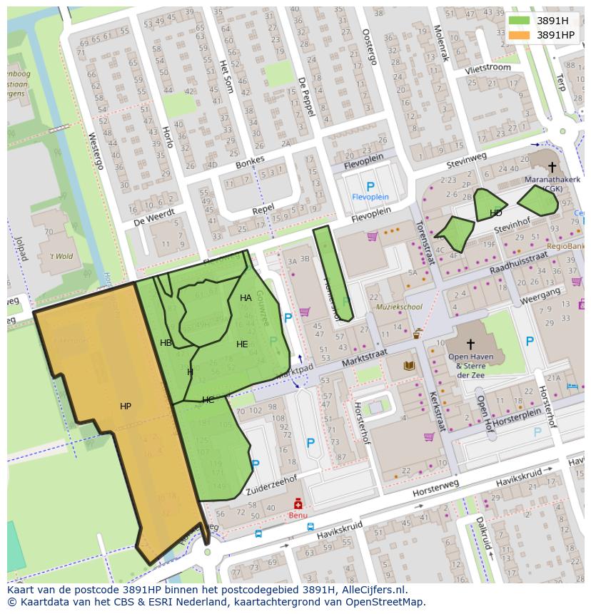 Afbeelding van het postcodegebied 3891 HP op de kaart.