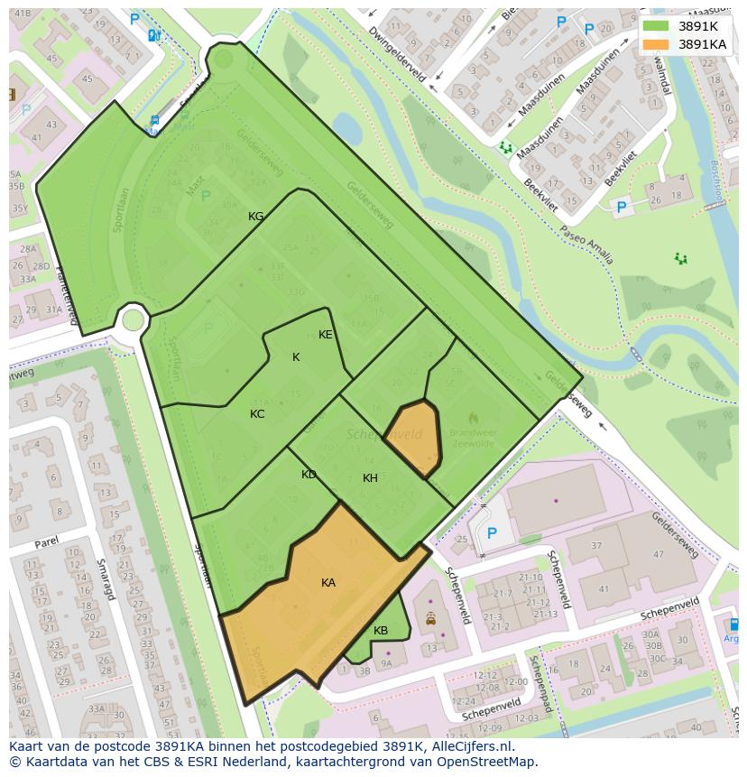 Afbeelding van het postcodegebied 3891 KA op de kaart.
