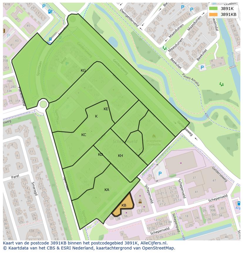 Afbeelding van het postcodegebied 3891 KB op de kaart.