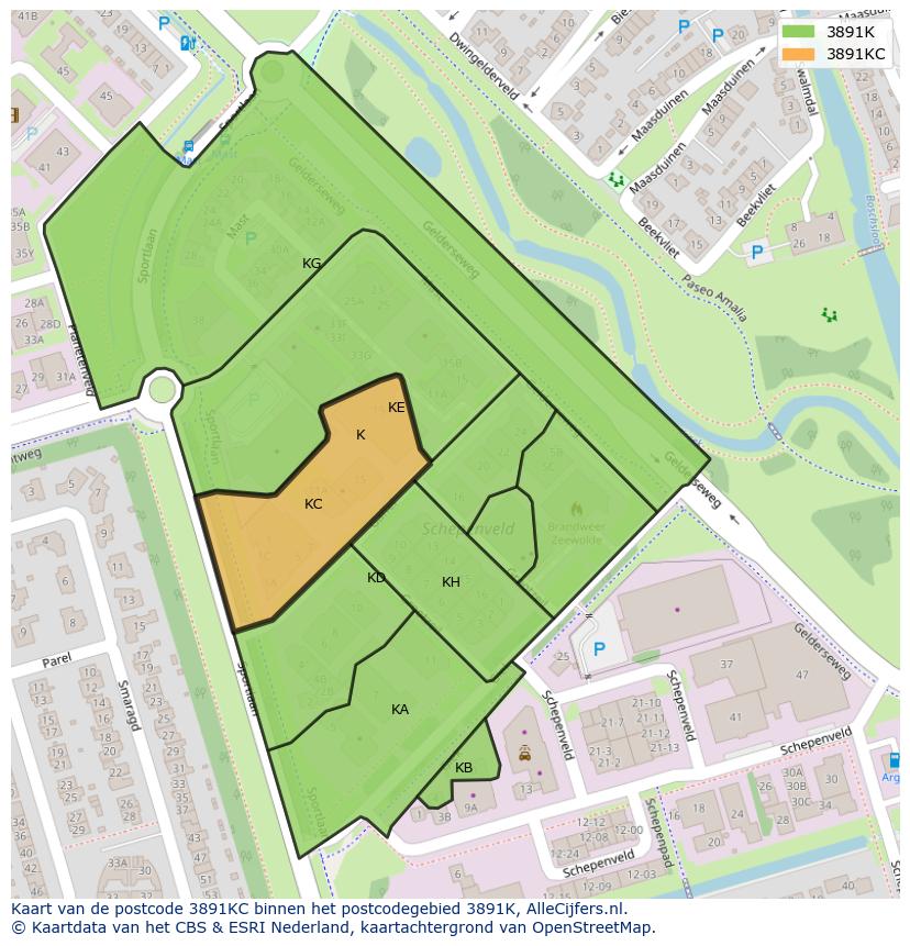 Afbeelding van het postcodegebied 3891 KC op de kaart.
