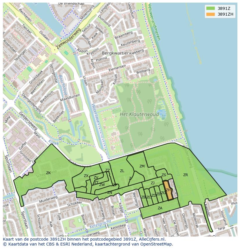Afbeelding van het postcodegebied 3891 ZH op de kaart.