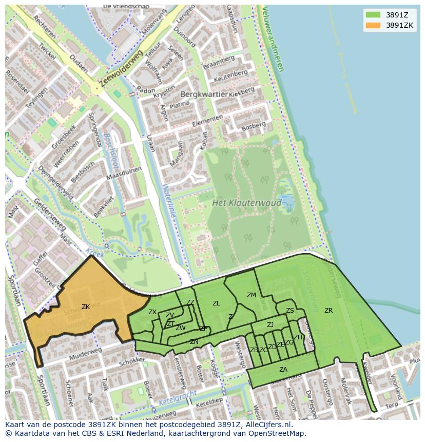 Afbeelding van het postcodegebied 3891 ZK op de kaart.