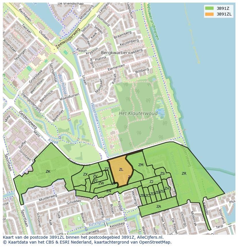 Afbeelding van het postcodegebied 3891 ZL op de kaart.