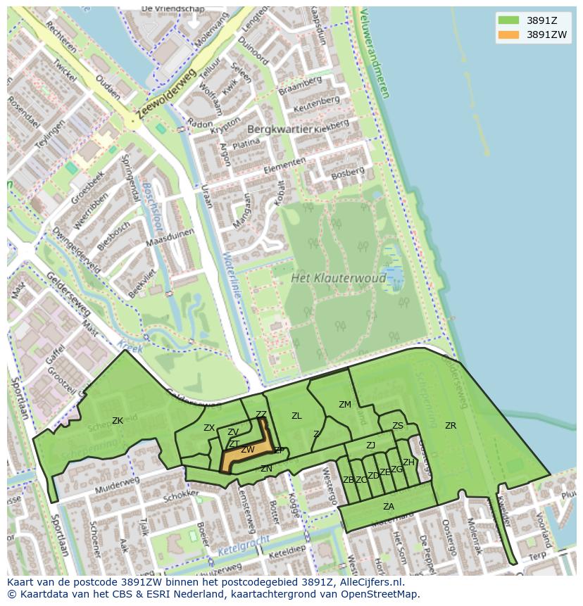 Afbeelding van het postcodegebied 3891 ZW op de kaart.