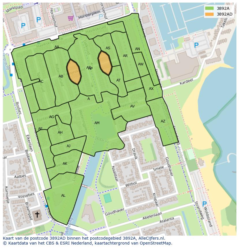 Afbeelding van het postcodegebied 3892 AD op de kaart.