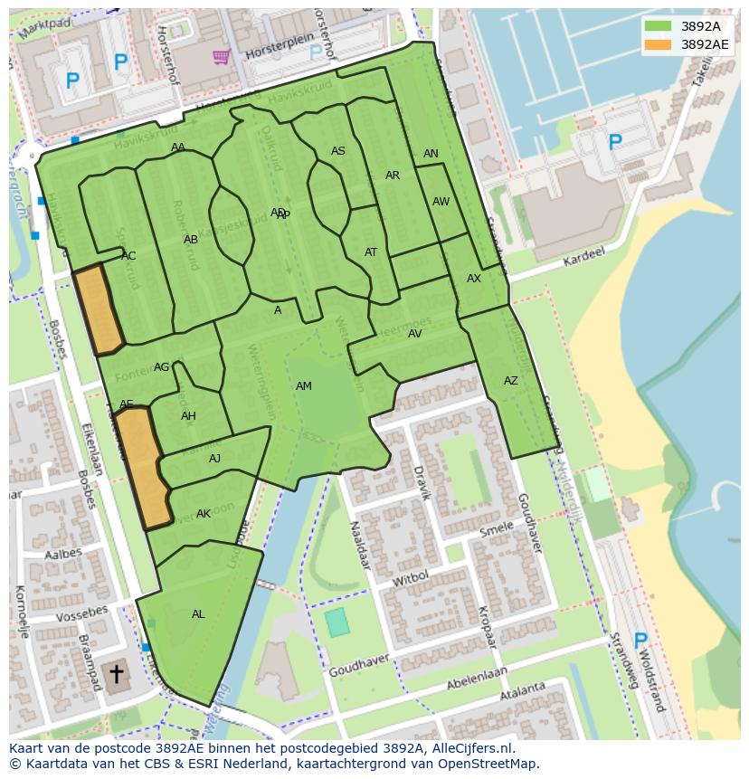 Afbeelding van het postcodegebied 3892 AE op de kaart.