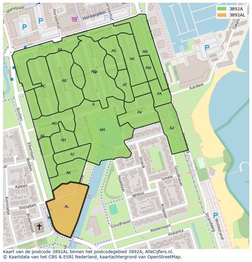 Afbeelding van het postcodegebied 3892 AL op de kaart.